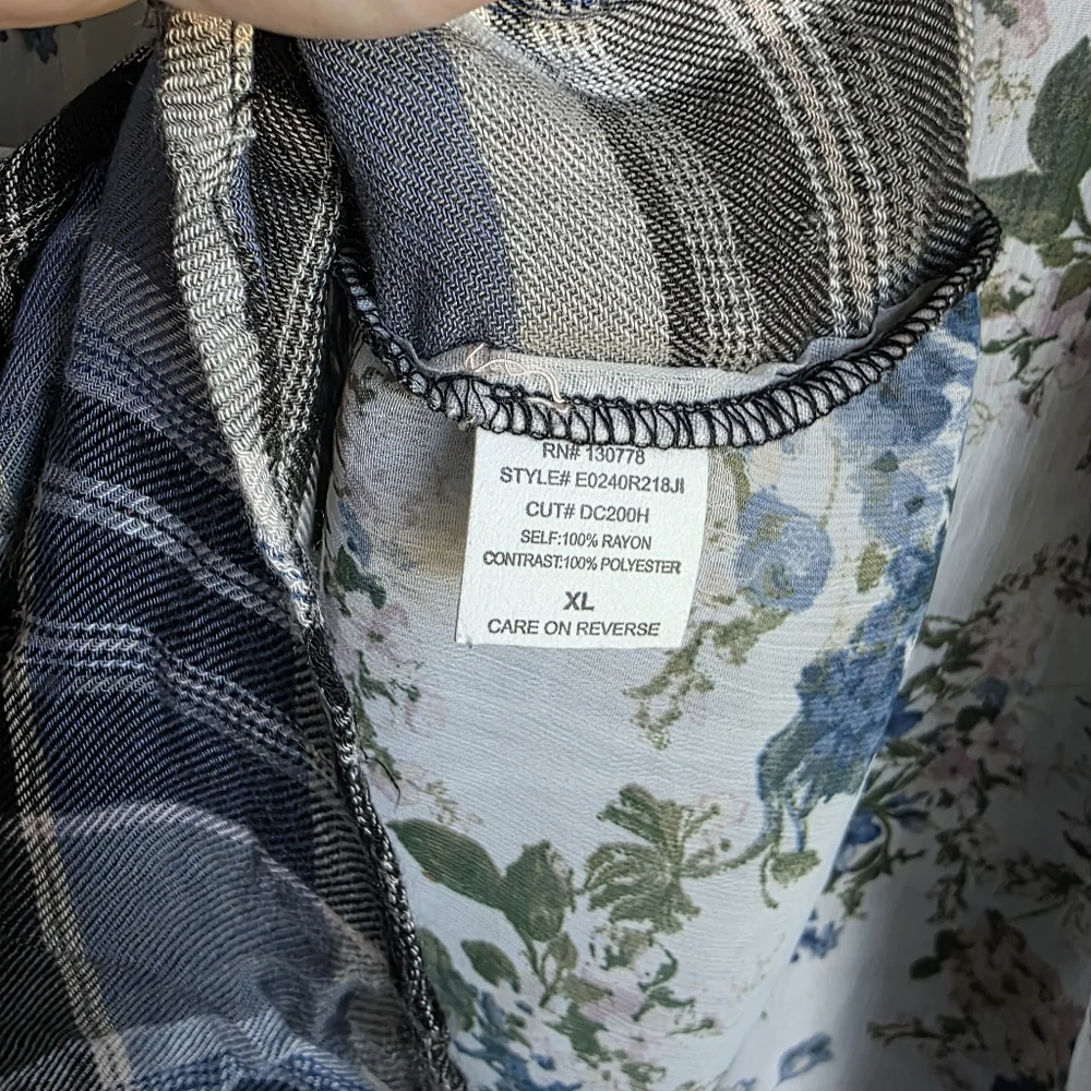 Living Doll Los Angeles Open Front Floral Blue Plaid Cardigan Size XL